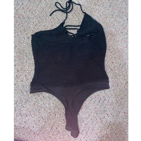 Guess Black Knit Bodysuit Size Small; worn one or two times. V-neck, with lace u - Picture 3 of 5